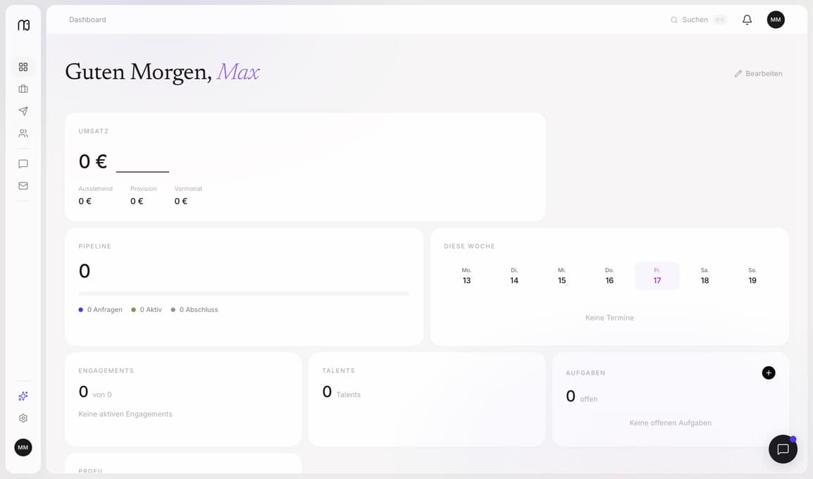 mona Dashboard — Übersicht über Engagements, Talents und Buchungen